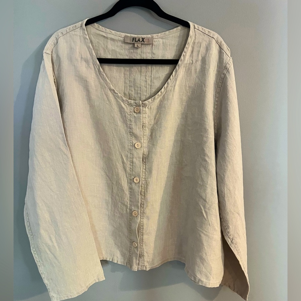 New FLAX Linen Layering Top Wheat Button Down Long Sleeve Cardi Oversized L